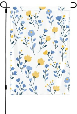 Bandiera da giardino stagionale su entrambi i lati, 30,5 x 45,7 cm, bandiera gialla e blu, con fiori di benvenuto per esterni