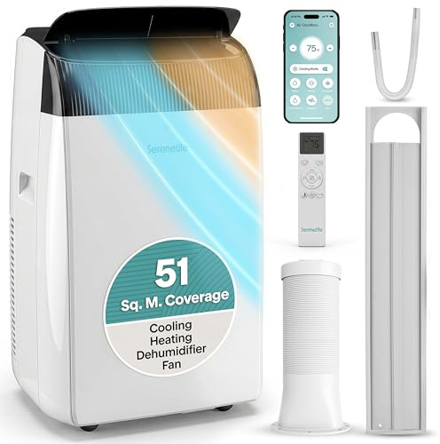 SereneLife Portable Air Conditioner 12000 BTU with Heat & WiFi, Portable AC Air Conditioning Unit, 4-in-1 with Cooling, Heating, Fan & Dehumidifier Modes, Self-Evaporating & Sleep Mode for Living Room