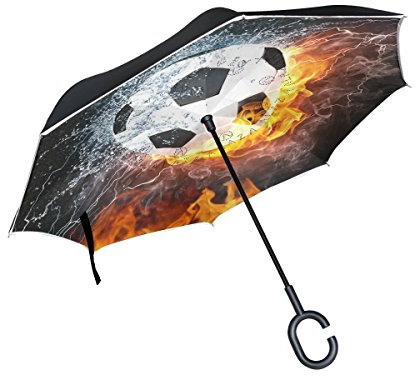 MNSRUU Doppelschichtiger umgekehrter Regenschirm, faltendes Fußball-Muster, faltbar, Winddicht, UV-Schutz für Autos, Regen, Outdoor, mit C-förmigem Griff
