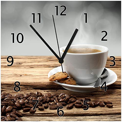 Wallario Design-Wanduhr Heiße Tasse Kaffee mit Kaffeebohnen aus Glas, Motiv-Uhr Größe 30 x 30 cm, Schwarze Zeiger