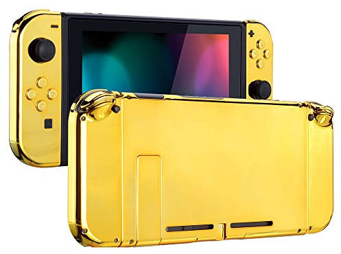 eXtremeRate Coque Customisé avec Boutons Complete pour Nintendo Switch, Housse avec Bouton pour Switch Console Joycons, Coque et Bouton de Remplacement pour Nintendo Switch Chromé Doré