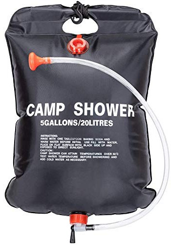 LUOOV Sac de douche solaire de 20 L - Avec tuyau amovible - Pour l'escalade, la randonnée, la pêche, la chasse, la plage, les voyages - Noir