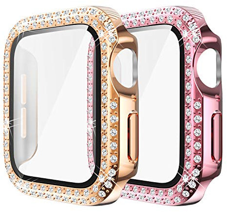 Yolovie (2-Stück) Kompatibel für Apple Watch 44mm Hülle für SE Serie 6 5 4 Gehäuse mit Displayschutzfolie aus gehärtetem Glas, Bling Cover Diamonds für iWatch Girl (44mm Rosa/Rosegold
