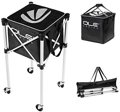 OLE ANDIGO Tennis Ball Hopper,Tennis Hopper Basket with Side Pockets, Portable Tennis Ball Cart,Hold Up to 160 Balls,Lightweight Sports Teaching Cart with Wheels for Training Coach