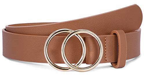 SUOSDEY Ledergürtel weiches Leder Damen Gürtel mit runder Schnalle zwei Ringen, Jeansgürtel für Frauen braun