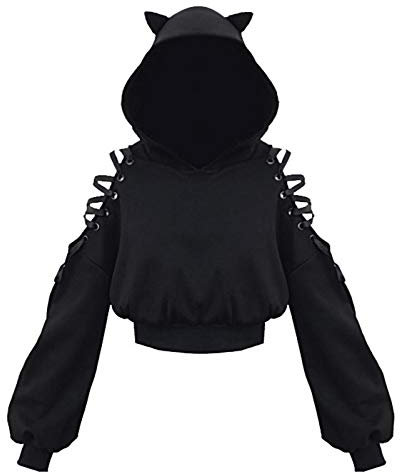 NokHom Damen Gothic Katzenohren Crop Hoodie Off The Shoulder Kapuzenpullover Sweatshirt Crop Tops mit Ohr, Schwarz, L