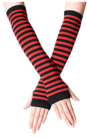 ROYIYI Damen Langer Armwärmer im Punk-,Gothic- und Rock-Stil, Elastisch Fingerlose Flagge Drucke Stoff Arm lange Streifen Strick Handschuhe Warmers One Size (Rot, One Size)