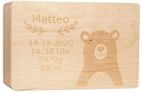Erinnerungskiste für Babys & Kinder - personalisierbar I Handmade Holzbox - Bär I Personalisierte Geschenke zur Geburt I Erinnerungsbox mit Name & Geburtsdaten 30x20x14cm