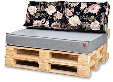 Bielik Palettenkissen 120 x 80 Set für Palettenmöbel | Wasserdicht Europaletten Sitzkissen | Palettensofa komplett besteht aus 3 Teilen in Farbe: Grau + Rosen
