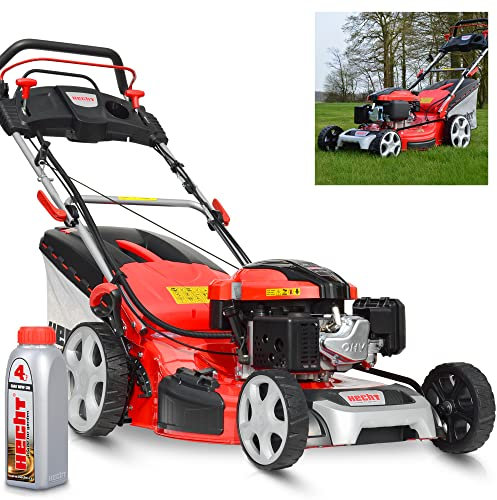 HECHT 5IN1 Rasenmäher Benzin – 4 Takt Motor mit 196 cm³ Hubraum, Elektrostart, 56 cm Schnittbreite, 70l Grasfangkorb, 4-Gang Radantrieb, patentierte Räder, Mulchfunktion, Seitenauswurf, inkl. Öl