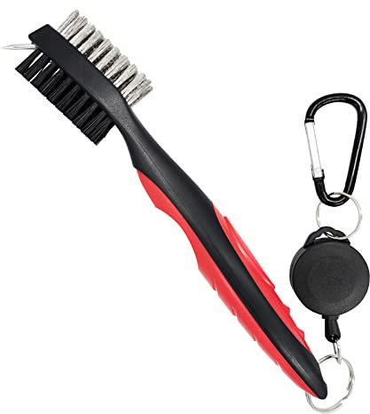 Mebamce Lightweight Portable Golf Club Brush and Groove Cleaner Dual Sided Nylon and Steel Brush with Cleaning Spikes, Retractable Cord and Carabiner