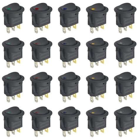 BGTXINGI 20 runde Wippschalter, 3-polig, SPST-An-/Aus-Mini-Boot-Kippschalter, 5 Farben, LED-Wippschalter, DC 12 V, 20 A für Auto, Boot, LKW