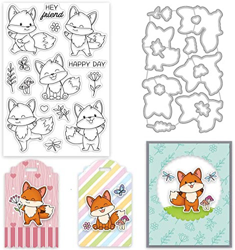 GLOBLELAND Fuchs Thema Klare Stempel und Stanzschnitte Blumen Pilz Silikon Briefmarken Karten und Metall Stanzformen für Kartenherstellung und DIY Prägung Scrapbooking