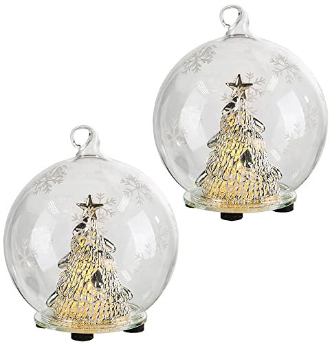 etc-shop Tischleuchte Weihnachtsdeko LED Dekoleuchte Glaskugel batteriebetrieben, Christbaumkugel, mit Tannenbaum und Schneeflocken, 2er Set