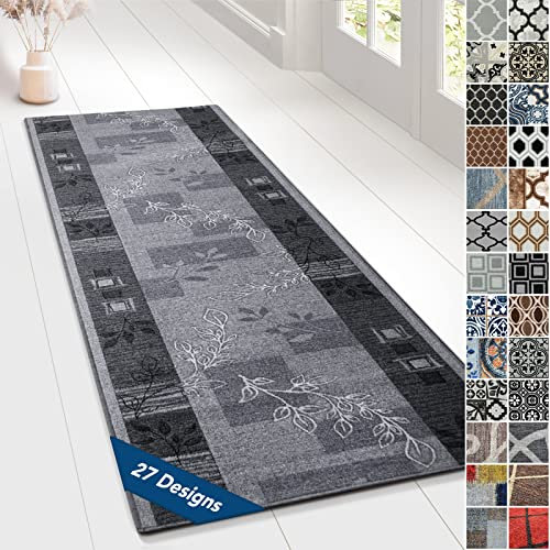 Floordirekt Teppichläufer mit Muster - maßgefertigter Feinschlingen Teppich Läufer für Küche, Flur & Wohnraum - Ornament Vintage Orient Gitter (80 x 150 cm, Akzent Grau)