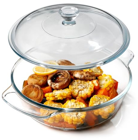 Small-1.7L Glass Casserole Dish With Glass Lid (-Lid NOT Oven Safe), Round Oven Safe Glass Bakeware with Handles