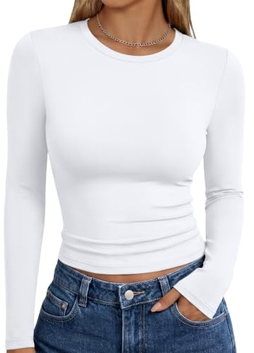 Trendy Queen Womens Long Sleeve T Shirts Fall Fashion 2026 Basic Crop Tops Going Out Workout Outfits Y2k Clothes White S