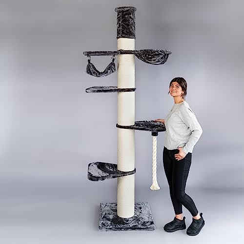RHRQuality Kratzbaum für große Katzen – Maine Coon Tower Crown – 270 bis 290 cm hoch – Mit extra dicken 20 cm Sisalstämmen – Dunkelgrau