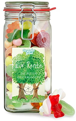 Zur Rente Süßigkeitenglas – nostalgisches Bügelglas gefüllt mit den besten Süßigkeiten, tolles Geschenk zur Rente und Ruhestand
