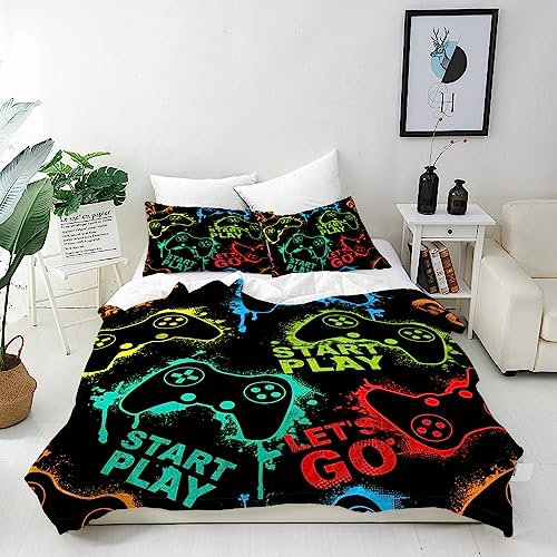 ANHOPE Gamer Duvet Cover Set Soft Lightweight 3 Piece Bedding Set with 2 Pillowcase Abstract Colorful Gamepad Joystick Game Print Pattern Kids Boys Girls Gaming Quilt Cover with Zipper Closure Single