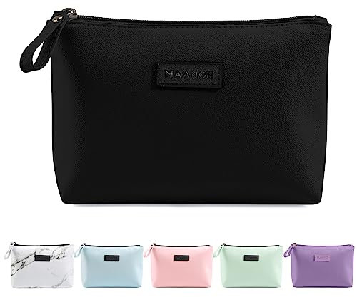 Kleine Kosmetiktasche MAANGE Kleine Make up Tasche Tragbare Reise Schminktasche wasserdichte PU Leder mit Griff Niedliche Vielseitige Reißverschlusstasche für Frauen (schwarz)