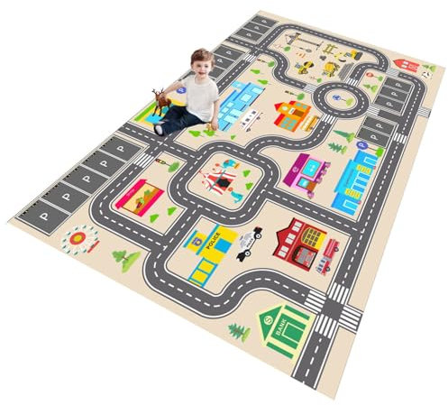 ZFHNYJWKL Kinder spielteppich Auto Jungen & Mädchen Teppich Straßenteppich Bauteppich Stadtstadt Lernbereich Teppich Pädagogischer Antirutsch für Kinderzimmer Grau Blau Grün(C,80X160CM)