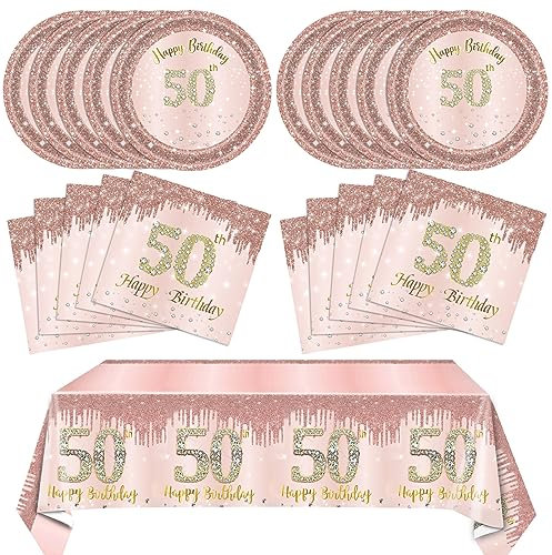 SNIMICS 50th Birthday Decorations for Women - Rose Gold Tableware Set Includes 50th Birthday Plates, Napkins & Tablecloth - Perfect for Parties & Celebrations