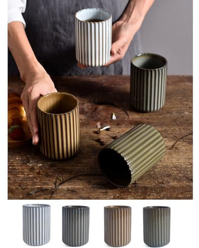 YOKIOU Set di 4 tazze da tè in ceramica a righe 300ml stile vintage, personalizzabili, creative, in ceramica grezza, idea regalo