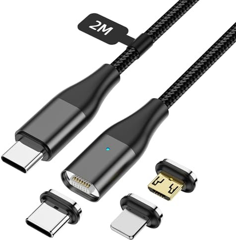 YKZ Magnetisches Ladekabel 2M, USB C Magnetkabel mit Type C/Micro USB/i-Produkts für Laptop, Tablet, Smartphone
