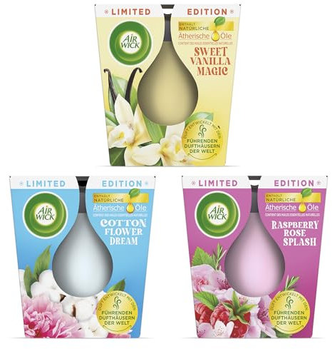 Air Wick Wohlfühl-Duftkerze im Glas – Mix-Pack Frühling– Je bis zu 20 Stunden Brenndauer – Enthält natürliche ätherische Öle – 3 x 105 g Duftkerzenset