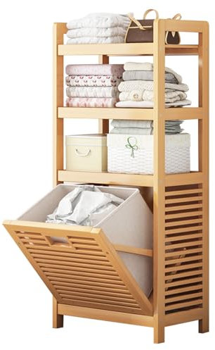 Solerconm Panier à Linge en Bambou, Panier de Rangement Grand Espace, Poubelle à Vêtements avec Sacs Amovibles en Tissu Oxford et 3 Étagères pour Chambre, Salle de Bain