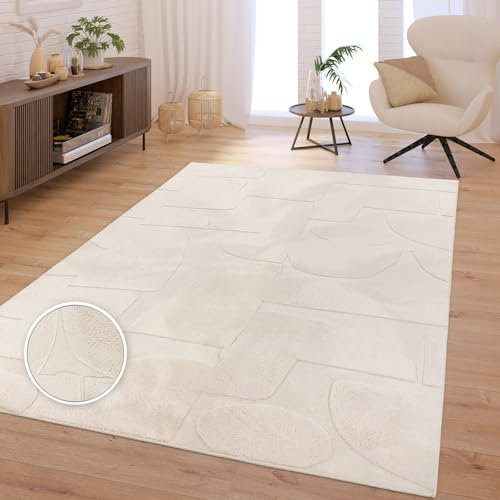 TT Home Wohnzimmer Teppich Schlafzimmer Hochflor Skandinavisch Uni Boho Waschbar, Farbe:Beige Creme, Größe:240x340 cm