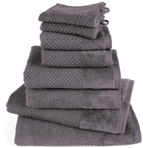 Pure Label 8-TLG. Handtücher Set aus 100% Baumwolle, saugstark und weich - 2X Badetuch (70x140 cm) 2X Handtuch (50x100cm) 2X Gästetuch (30x50 cm) 2X Waschlappen (16x21 cm), Anthrazit - Grau