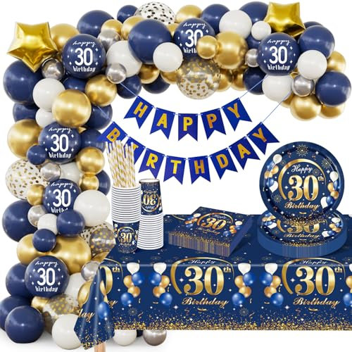 YIMAKJ 30. Geburtstag Deko Männlich Weiblich Partygeschirr Set, 30 Geburtstag Party Supplie, Pappteller Servietten Tischdecke Strohhalme Pappbecher Ballon Banner für 30 Geburtstag Party Dekoration