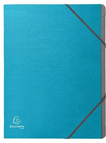 Exacompta - Art.-Nr. 56652E – 1 Fächermappe mit 3 Klappen mit Gummibändern Teksto – bedrucktes Deckblatt zur Identifizierung des Inhalts – 12 Fächer – Format 24,5 x 32 cm für A4 – türkis