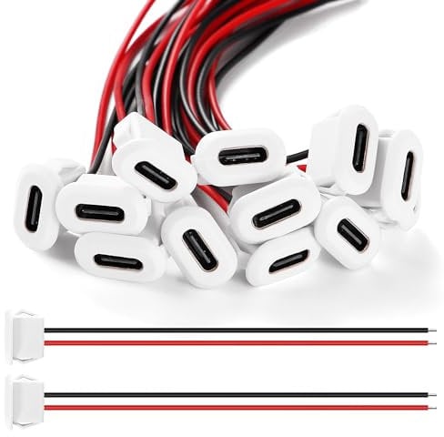 KUOQIY 12 PCS 3A 2 Wire USB-C Female with Card Buckle, Type-C Power Jack with 100mm 24 AWG Wire, White