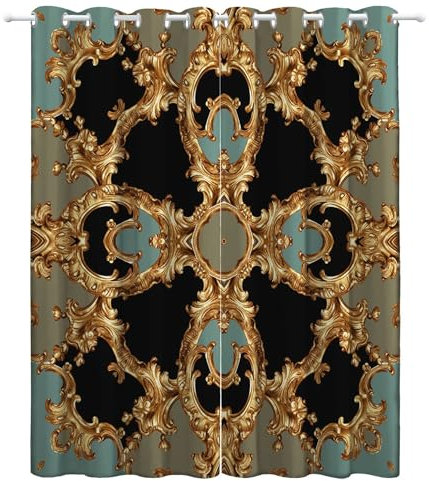Srigzcaly Retro-Barockmuster Vorhange Wärmedämmend, Polyester Anti-Fade, 183x214cm(BxH) Ösenvorhänge für Schlafzimmer, Kinderzimmer, Wohnzimmer Gold