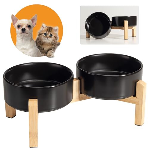 Set di ciotole per cani in ceramica rialzata, con supporto antiscivolo in bambù, per cibo e acqua, ideale per gatti e cuccioli, 460 g, 2 tazze, 480 ml