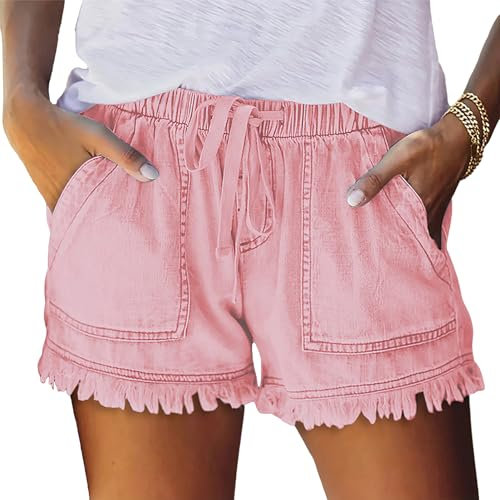 amropi Donna Pantaloncini Jeans Estivi Strappi Shorts Casual Pantaloni Corti Rosa Chiaro, S