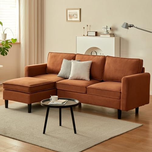 Cpintltr L-förmige Couch, 3 Sitz Leinen Futon Sofa Bett, Convertible Sleeper Sofa mit konischen Holzbeinen, Mid Century Modern Couches für Schlafzimmer (Braun)