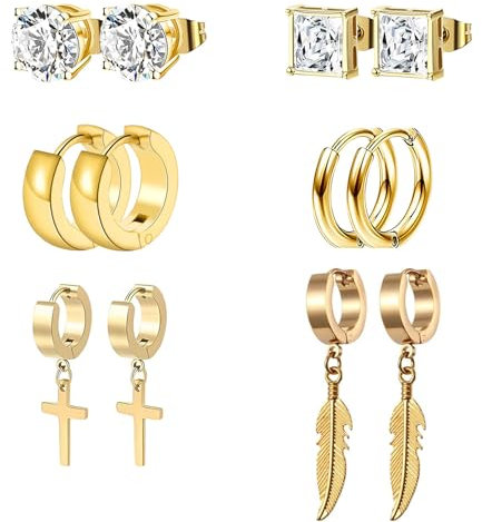 HinDaLi 6 Paar Edelstahl Ohrringe für Herren Damen Männer Gold Ohrringe Creolen mit Feder Kreuz Anhänger Diamant Ohrstecker Herren Klein Ohrring Stecker Damen Set