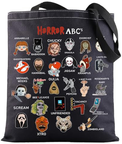 G2TUP Horrorfilme Charaktere Leinwand Tasche Gruselfilme Wiederverwendbare Tragetasche Halloween Süßigkeitentüte, Horror Abc Bl Tg