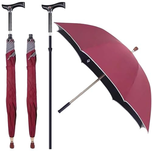 Wzmazingly Trennbar Gehstock Regenschirm, Höhenverstellbar 2-in-1 Spazierstockschirm, Windschutzrippen, Vielseitig Reisen Stützschirm, Tragfähigkeit 80kg(Red)