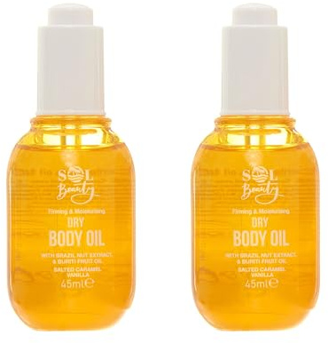 Sol Beauty Dry Body Oil Caramel Vanilla with Brazil Nut Buriti 2x 45ml | Lightweight Moisturiser with Brazil Nut and Buriti Fruit Oil. Helps Firm and Moisture Skin. Vegan Friendly Formula.