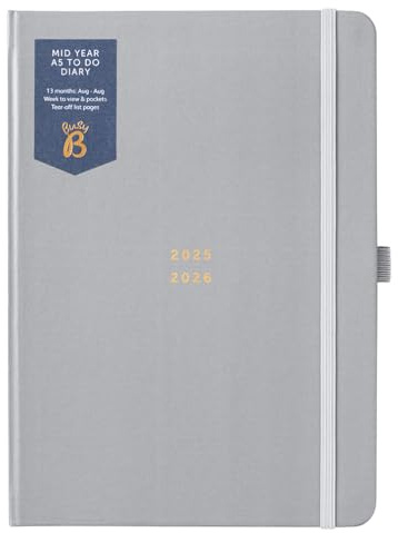 Busy B A5 Diary - Mid-Year Academic Planner - Aug '25 - Aug '26 - Grey Journal Cover - Weekly Planner with To-Do Lists, Notes Pages, Week-to-View Layout, 3 Pockets, Year Planner & Elastic Closure Band