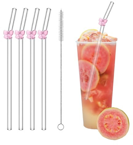 4 PCS Glass Straws Drinking, Reusable Bent Straws with Cleaning Brush, Clear Glass Straw with Bows for Smoothie Milk Coffee Coctail Water Juice