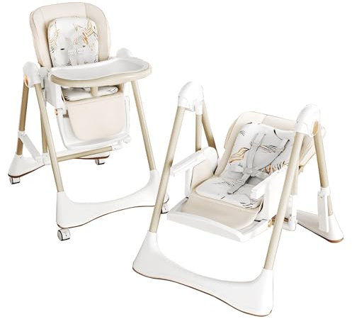 Reenborn PU-Leder Kinderhochstuhl, Schaukel & Babyfütterungs Doppelmodus, Zusammenklappbar und Umbaubar Kleinkinderhochstuhl mit Einstellmöglichkeiten, Abnehmbarem Doppeltablett, Rädern (8121 White)