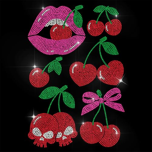 ANATTASOUL Pink Rhinestone Iron on Transfers Cherry Lips Skull Glitter Diamante Hotfix Patches for Clothes, Large Glitter Iron On Sequin Applique for Jeans Jacket Caps Bag T-Shirts Shoes DIY Decor