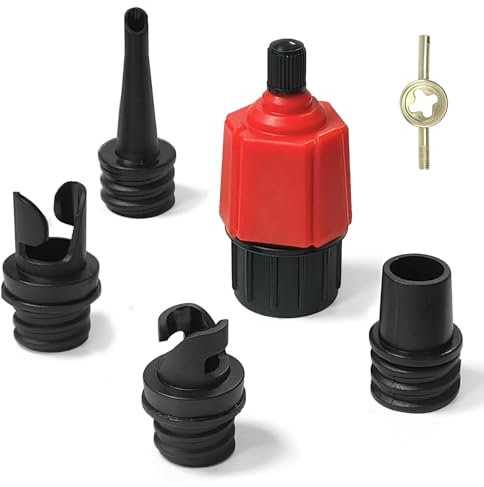 Adaptador Inflable para Bomba, Adaptador Válvula Hinchable Universal con 4 Boquillas para Kayaks/Bote Inflable/Tabla de Paddle Surf/Piraguas, Convertidor de Bomba de Aire Multifuncional (Rojo)