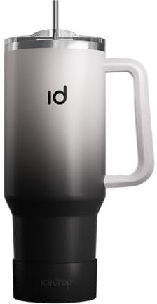 IceDrop® XXL Thermo Cup 1.2L für 12 Stunden kalte oder heiße Getränke I 100% auslaufsicherer Thermobecher mit Strohalm I robuste Trinkflasche mit Strohhalm und Griff I Tumbler Cup - Stein Schwarz